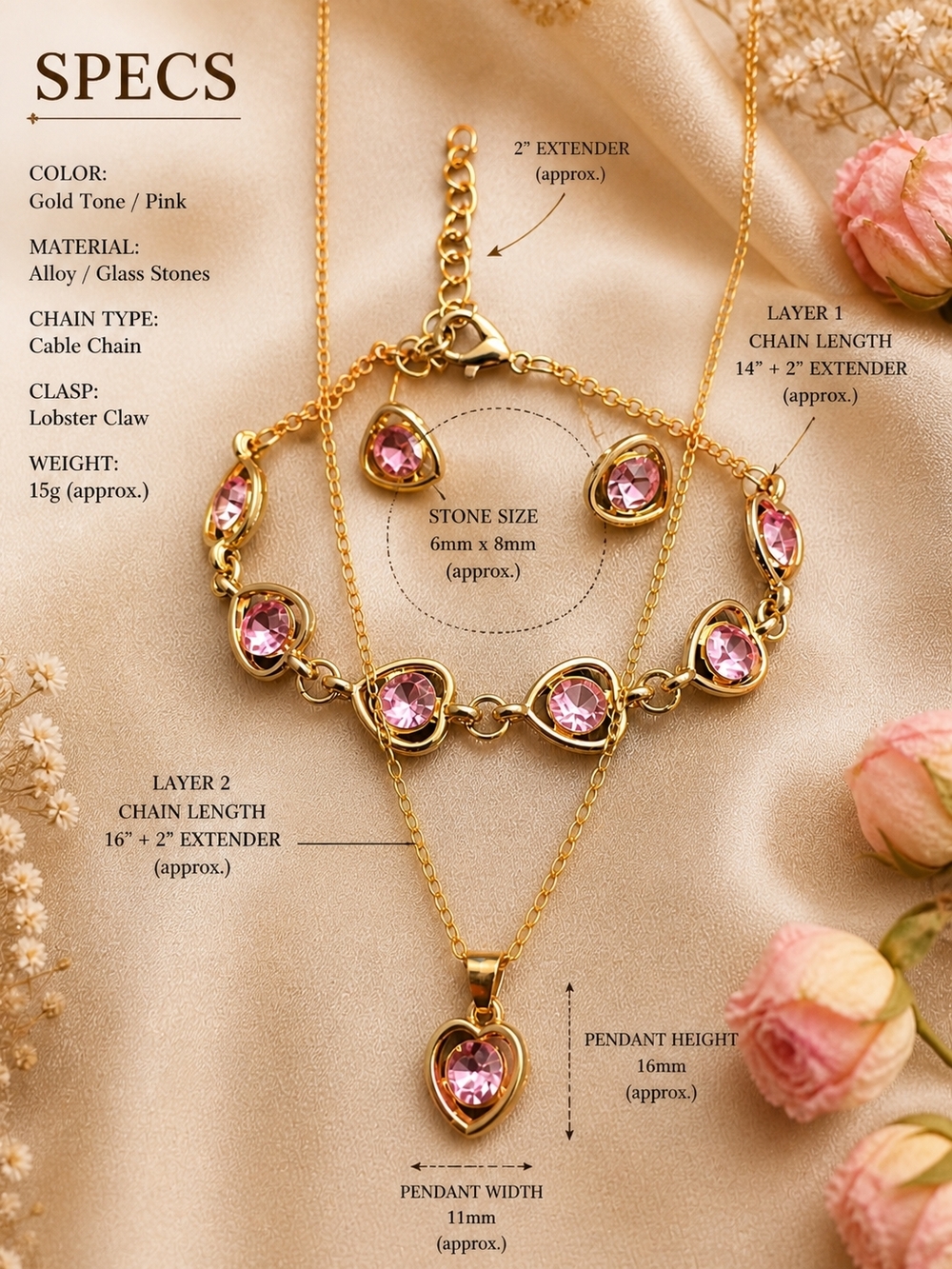 Gold Pink Heart Pendant Necklace Earrings Bracelet Set Women Jewelry - Picture 4 of 4